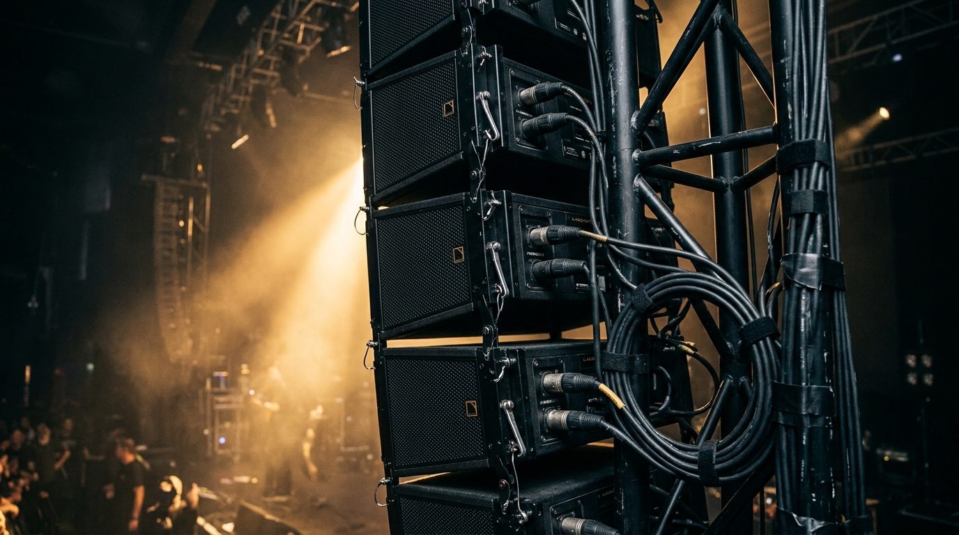 Profesyonel line array hoparlör kulesi ve sahne truss konstrüksiyonu