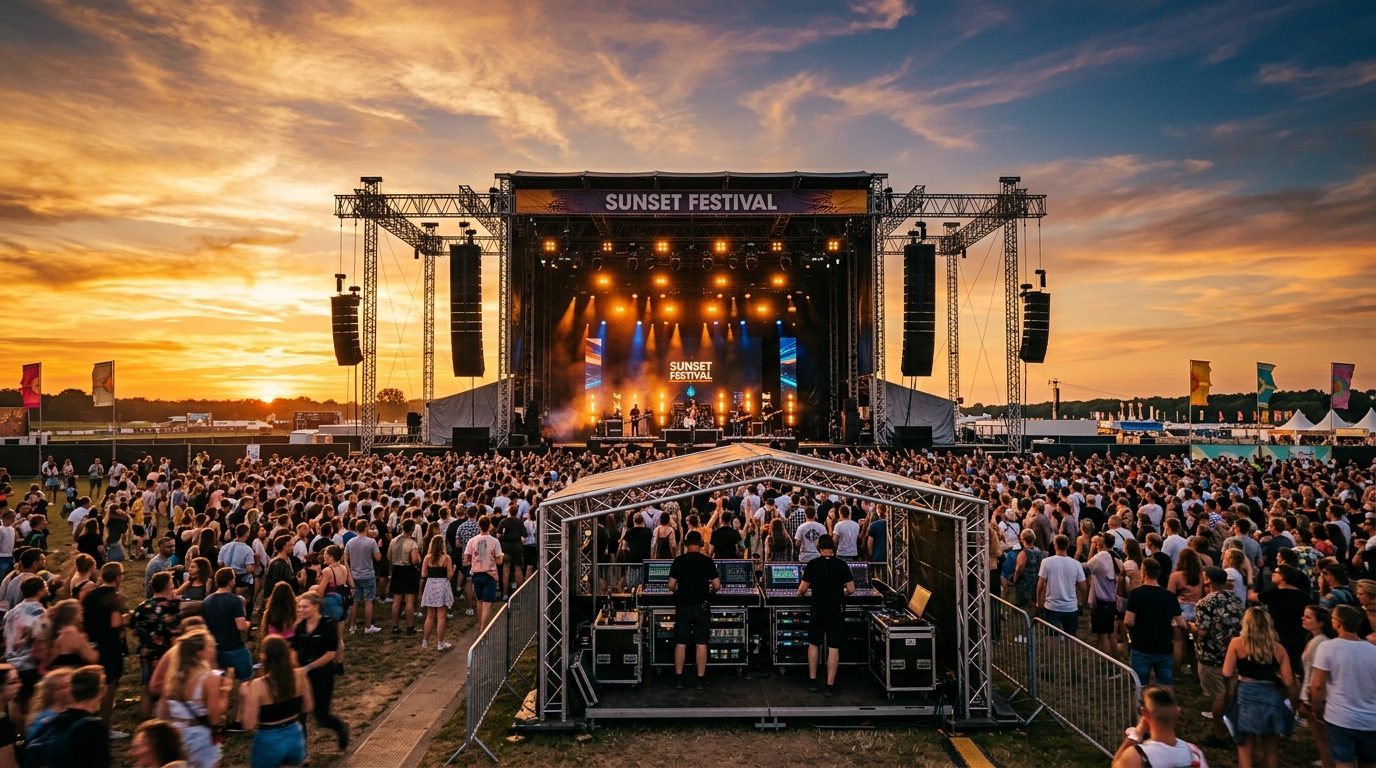 Açık hava festival sahnesi gün batımı ses ve ışık organizasyonu